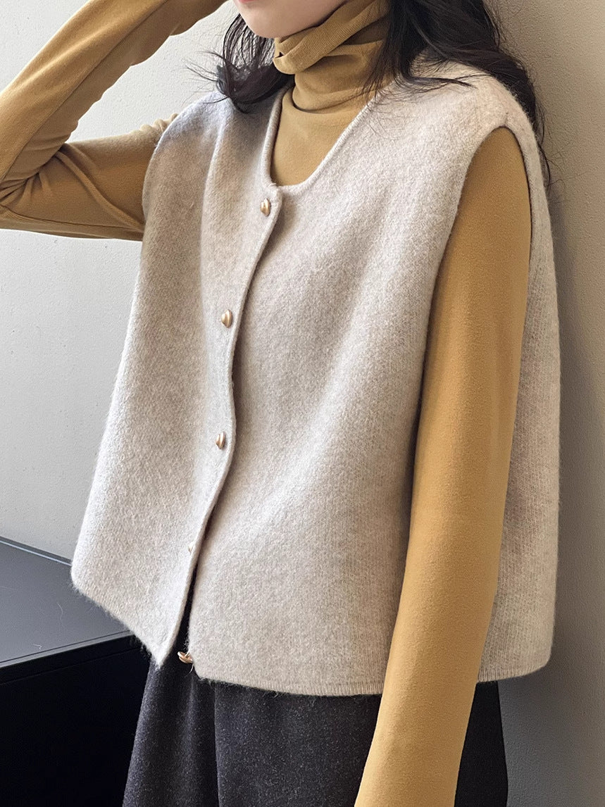 Margo & Main - cream knit sweater vest front view worn over turtleneck, US women's sizes