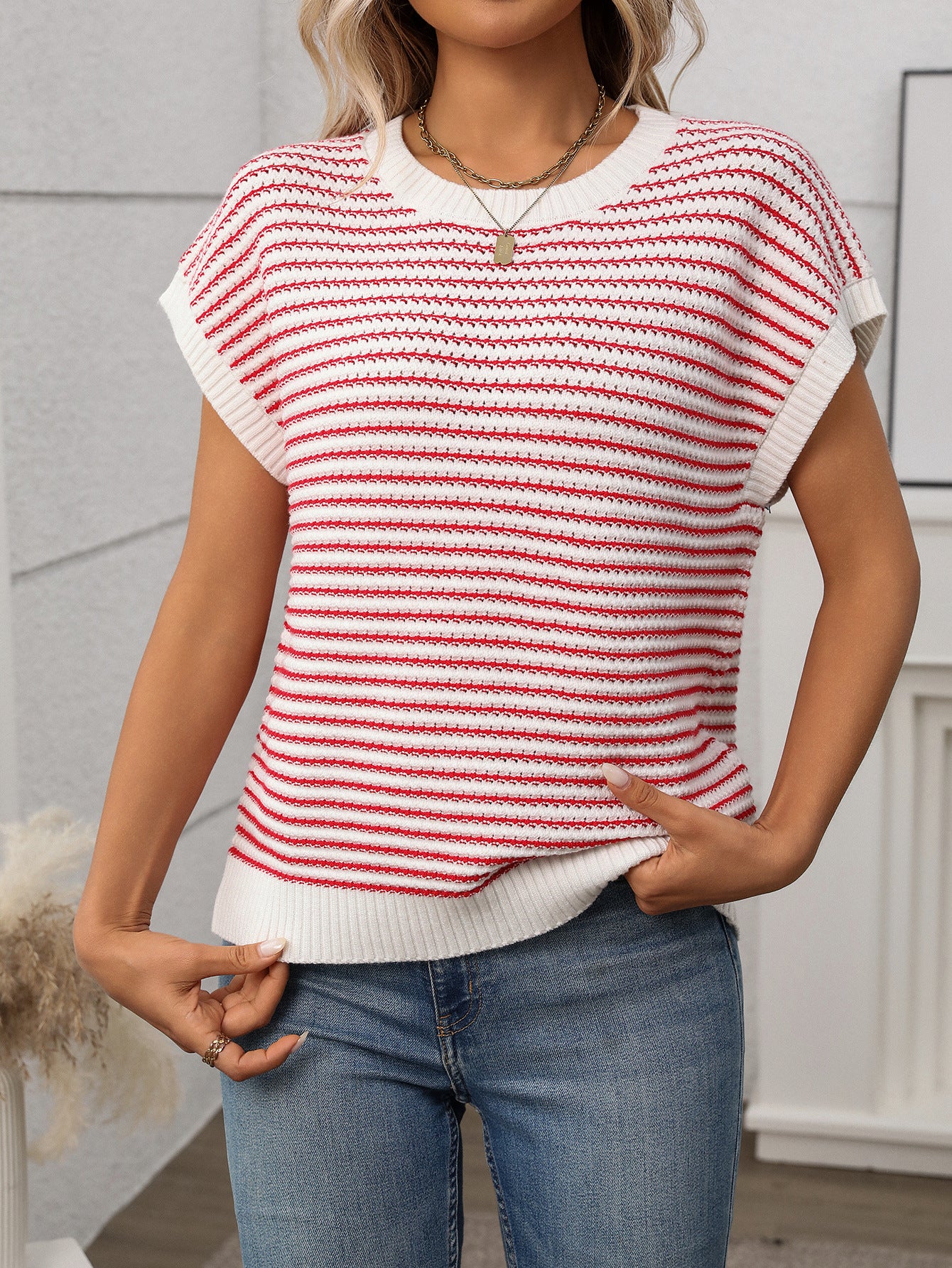 Irene Striped Textured Cap Sleeve Knit Top