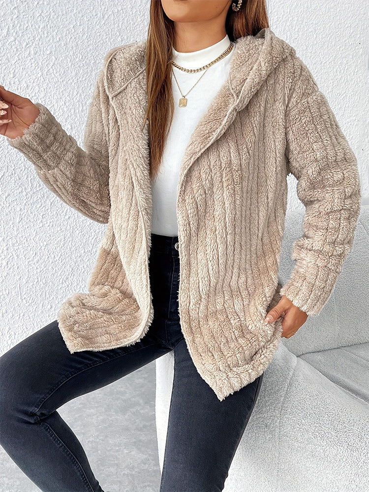 Margo & Main - tan hooded plush fleece jacket worn open front view, US women's sizes