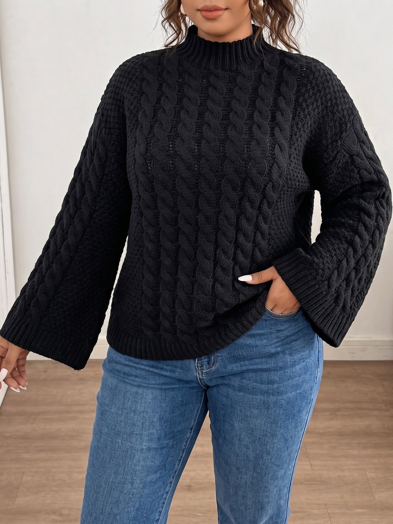 Margo & Main – chunky cable flare sleeve sweater, side view, US women's sizes
