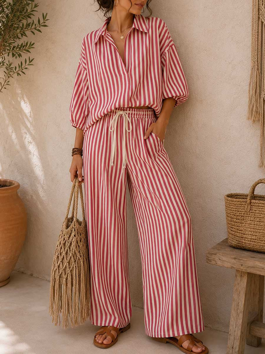 Etta Cotton Linen Striped Two Piece Pants Set