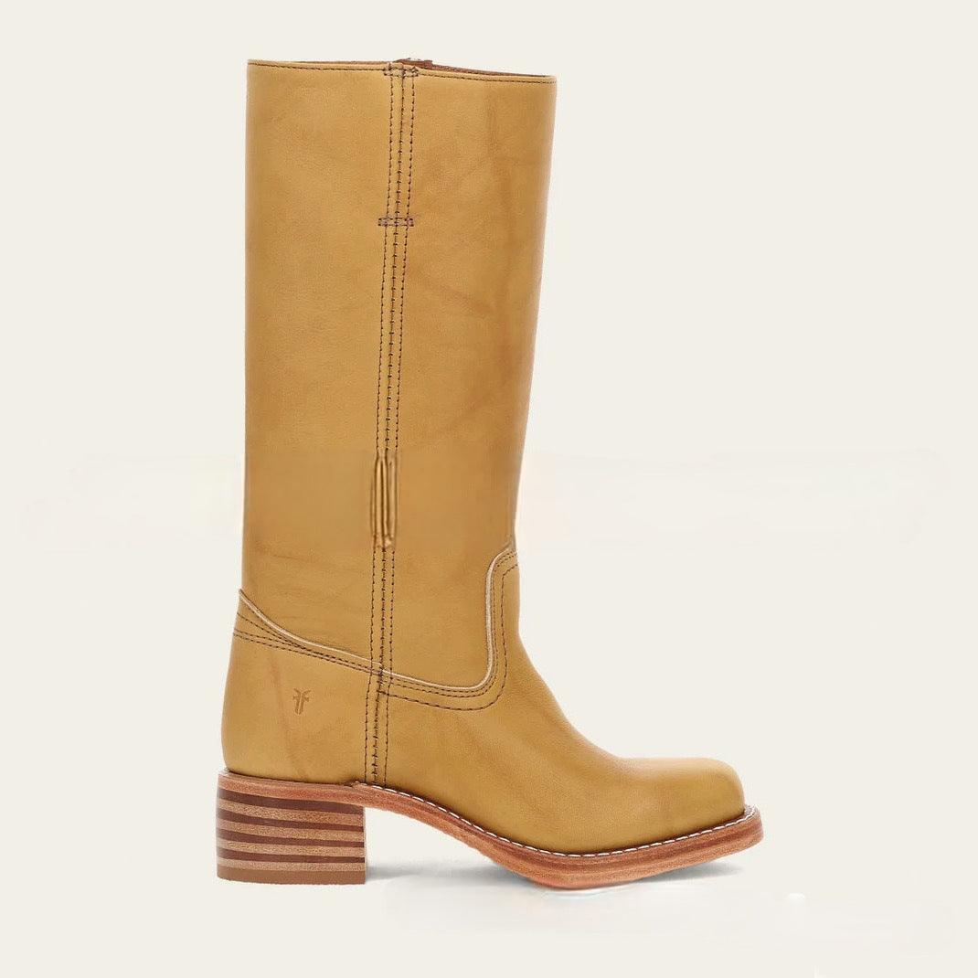 Margo & Main – Ulla butterscotch tan leather knee-high boot, single boot side profile showing the stacked heel, US women's sizes