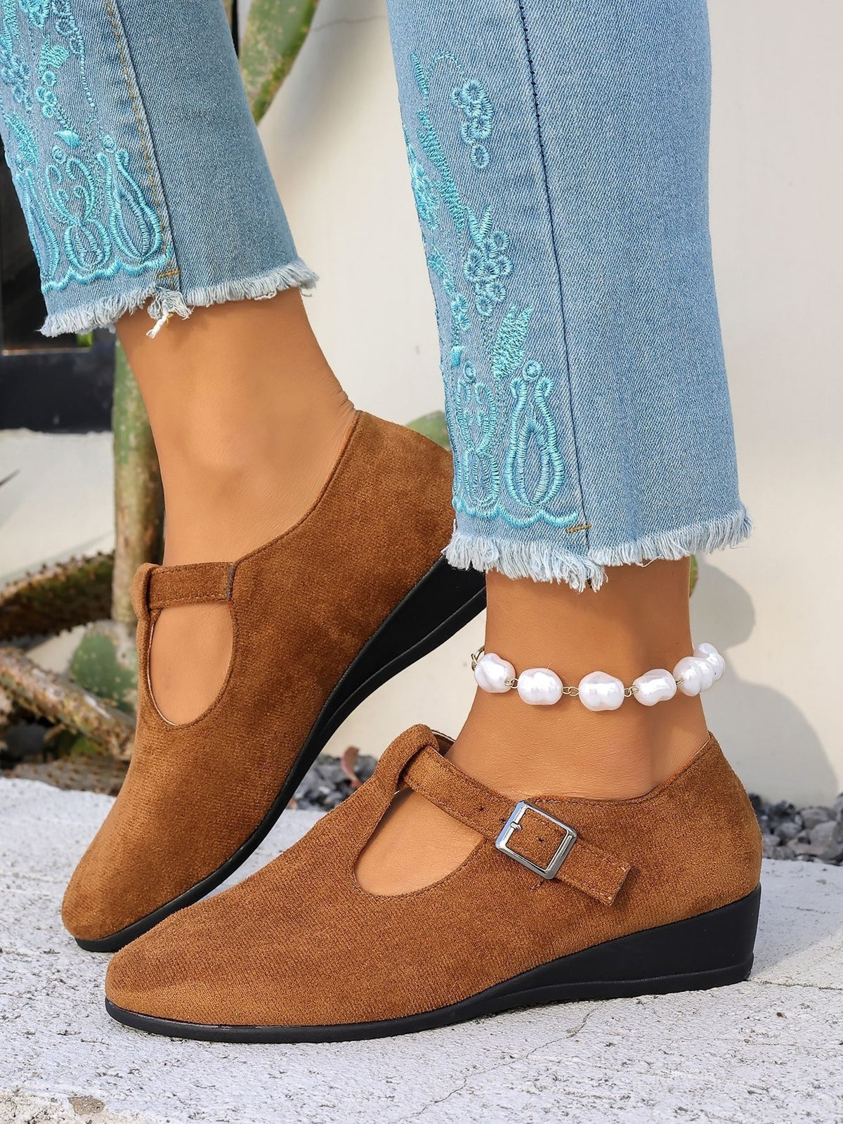 Cosette T-Strap Suede Wedge Mary Janes