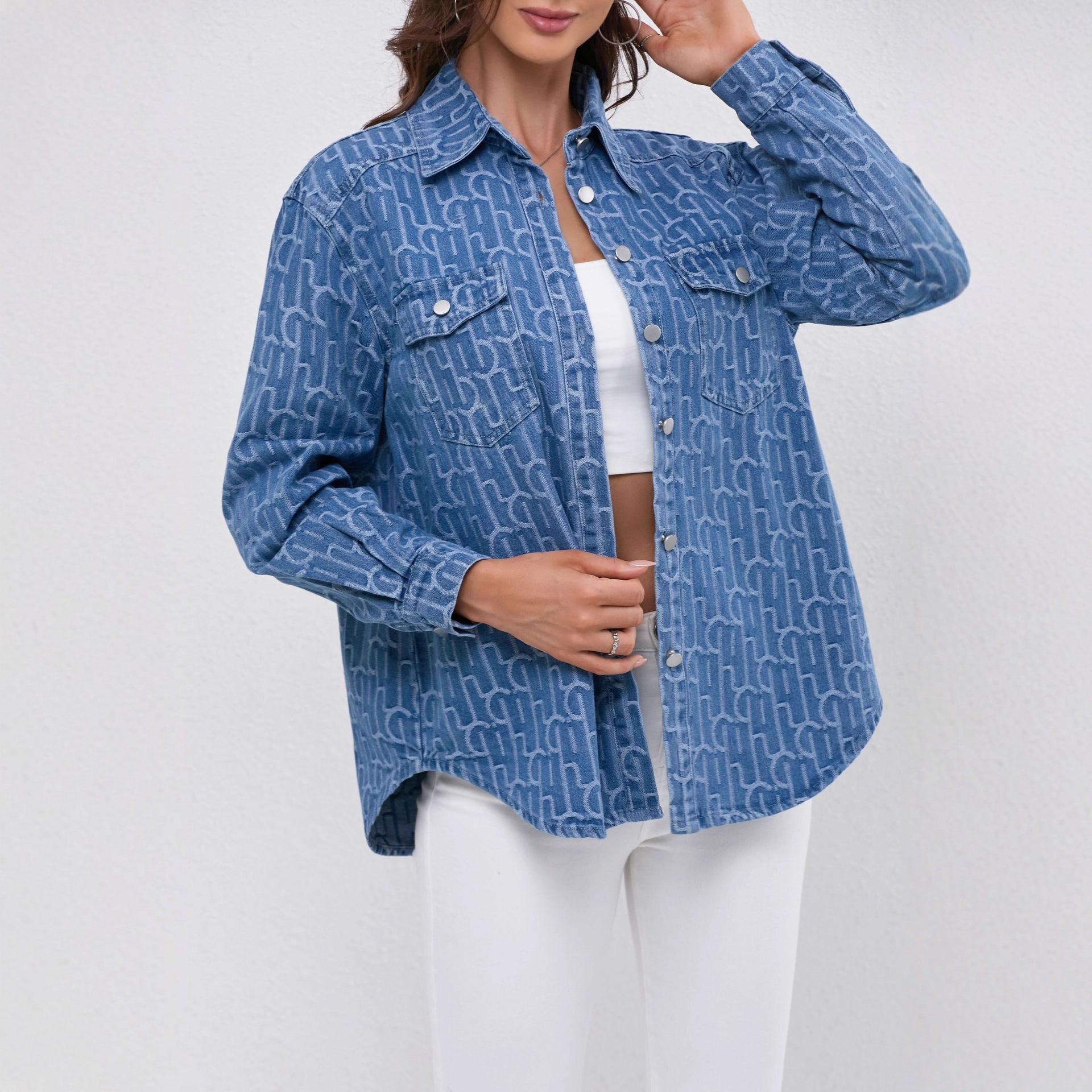 Margo & Main – Blue Printed Jacquard Denim Shirt Jacket Collar and Cuff Detail, US women's sizes