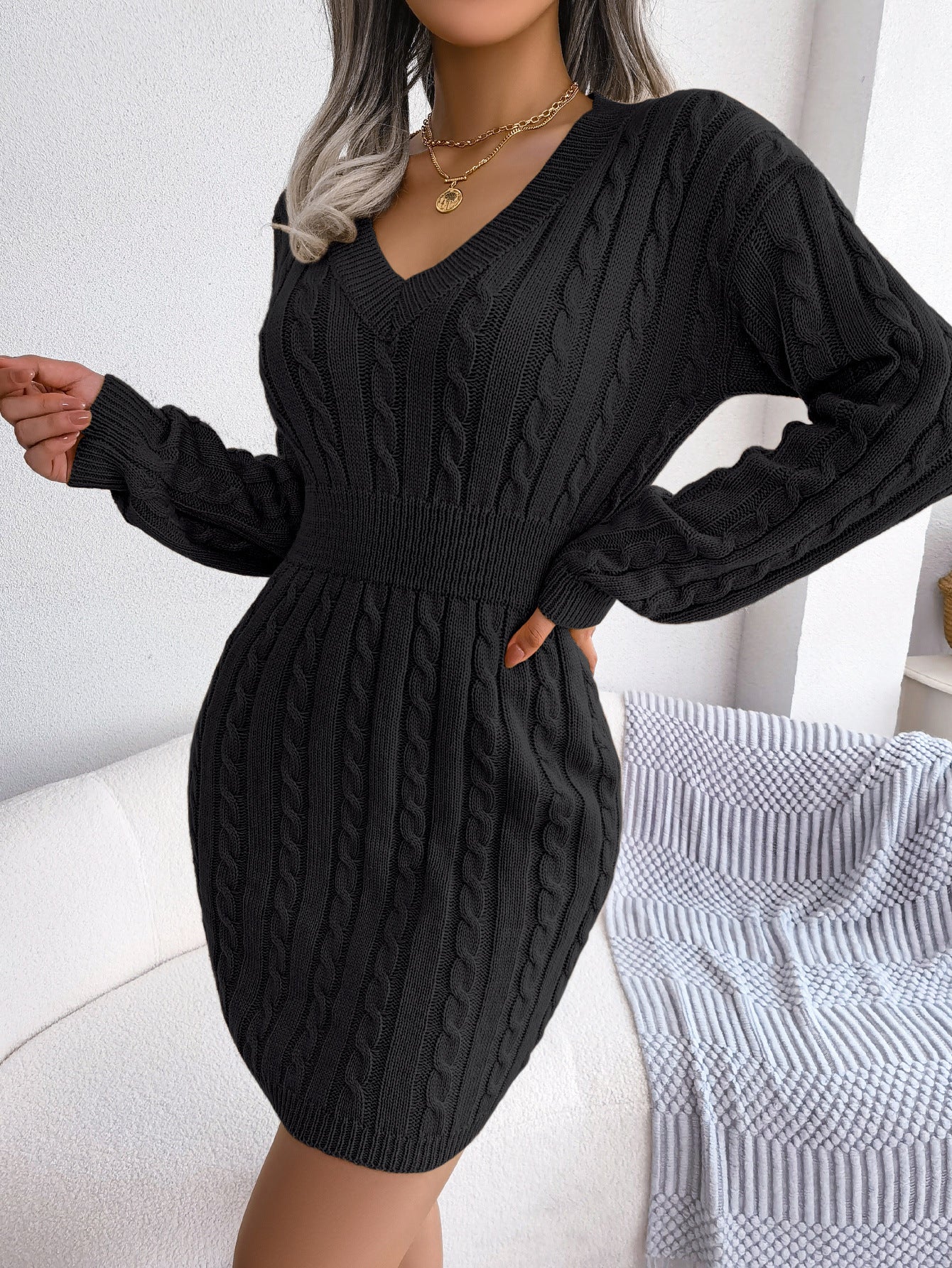 Margo & Main – cable-knit smocked-waist sweater dress, styled view, US women's sizes