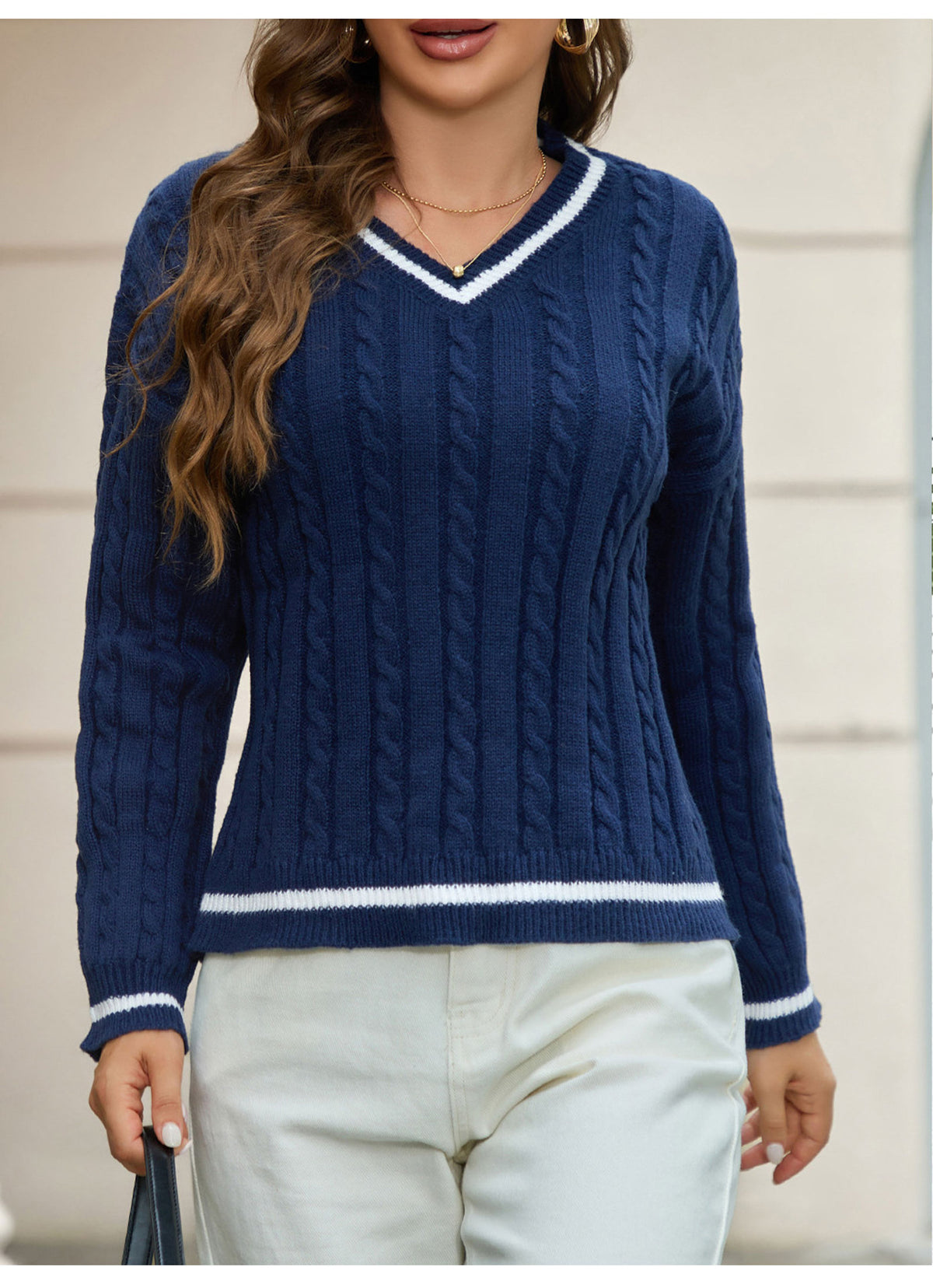 Morwenna Tipped Cable Knit V-Neck Sweater