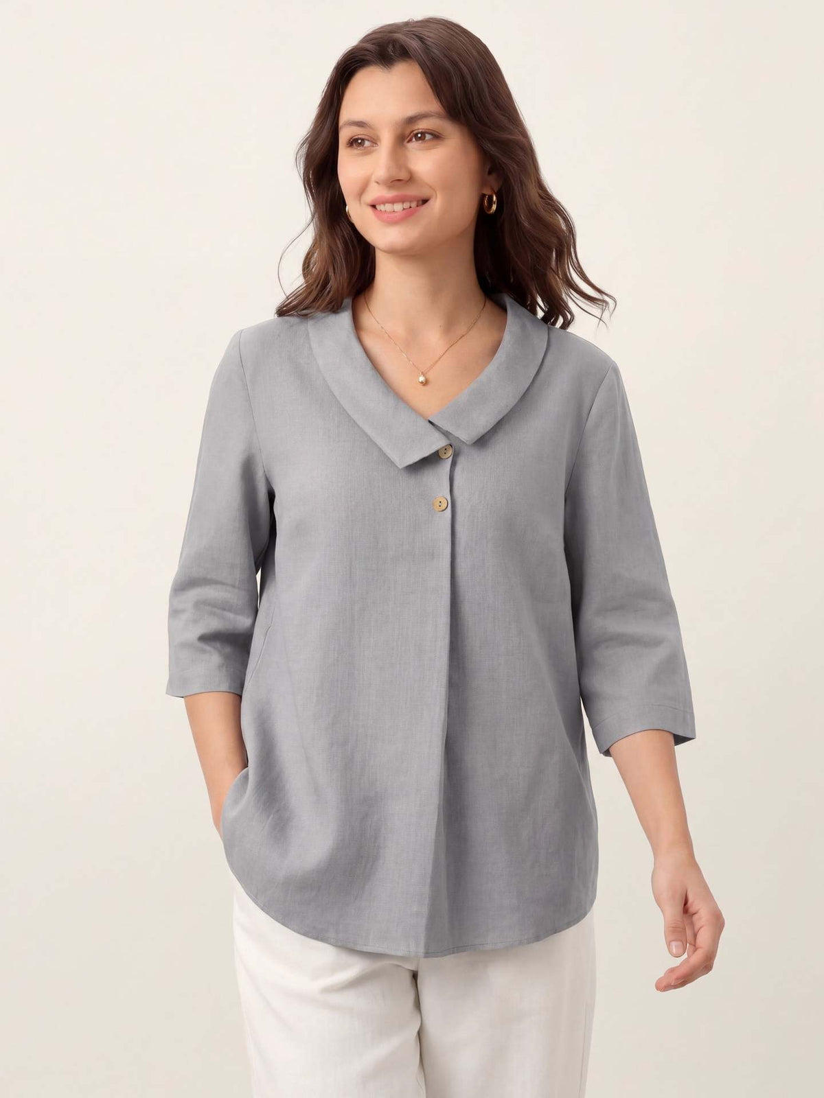 Margo & Main – Bettina gray tunic blouse, relaxed A-line front view, US women's sizes