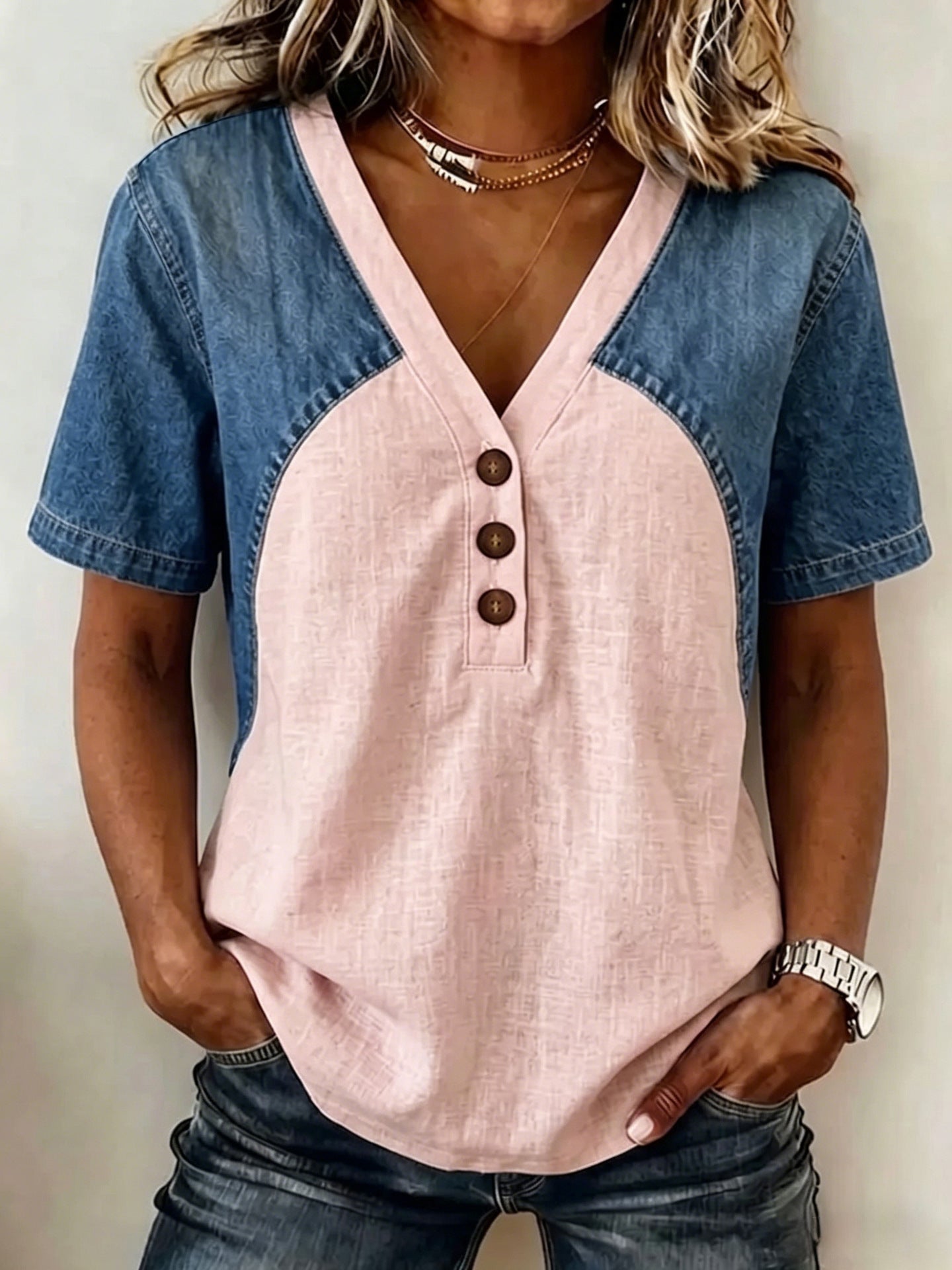 Alexandra Denim Contrast V-Neck Blouse