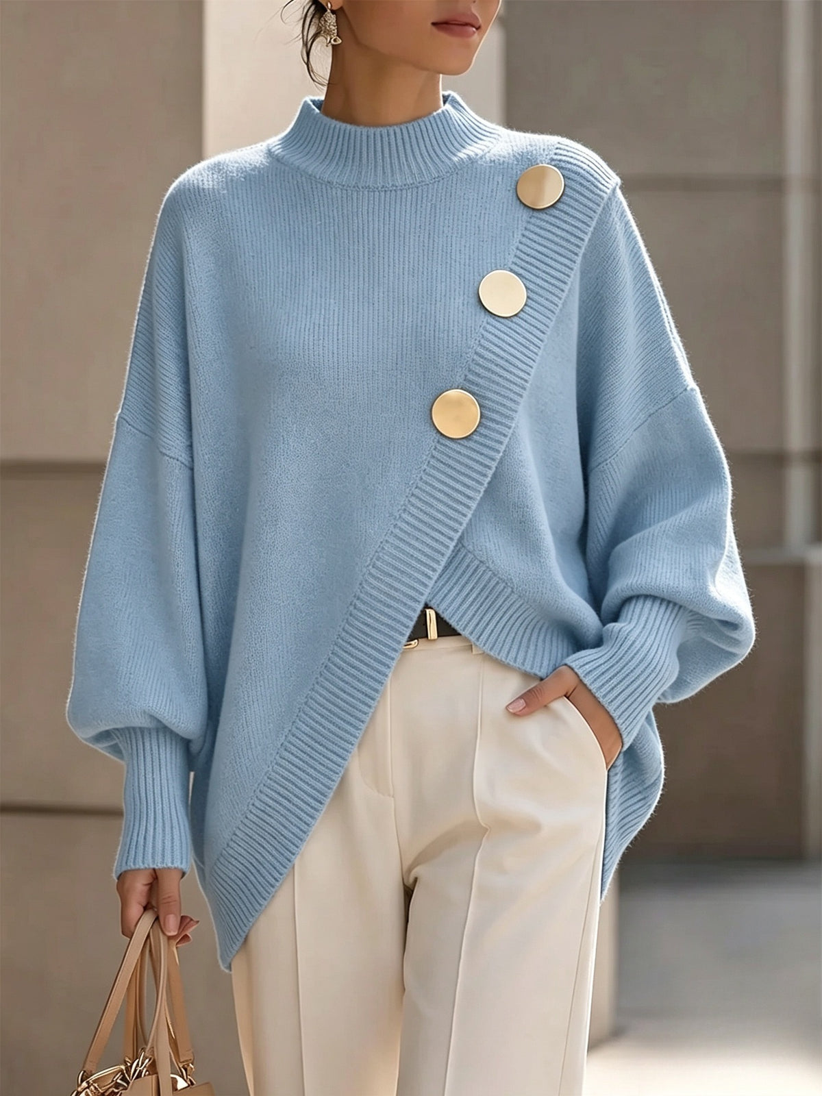 Winifred Asymmetric Button Mock Neck Sweater