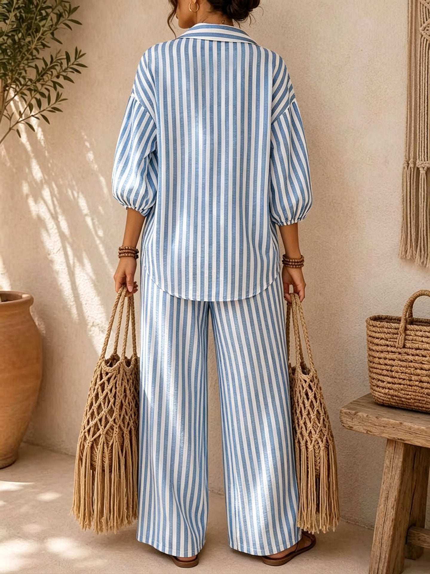 Etta Cotton Linen Striped Two Piece Pants Set