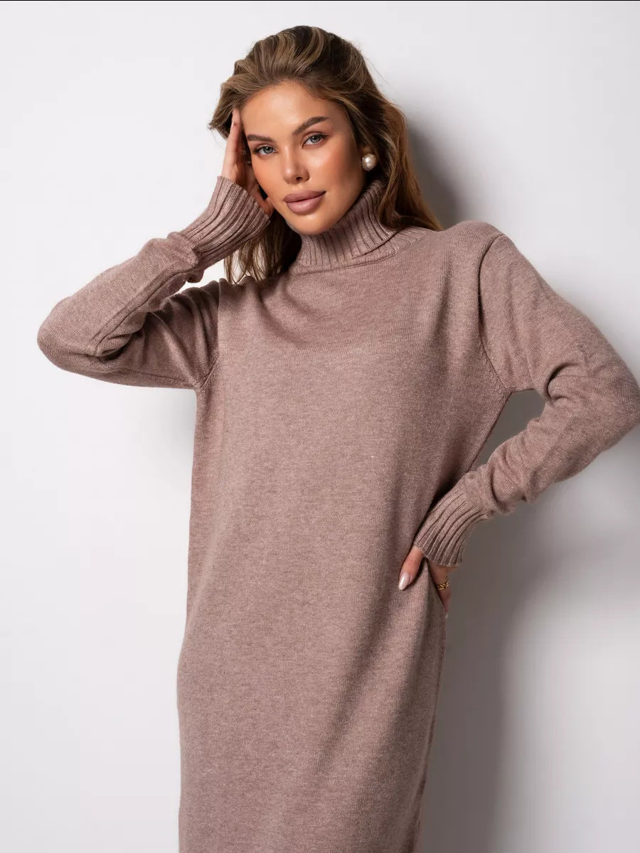 Margo & Main - tan turtleneck sweater dress soft knit texture detail, US women's sizes