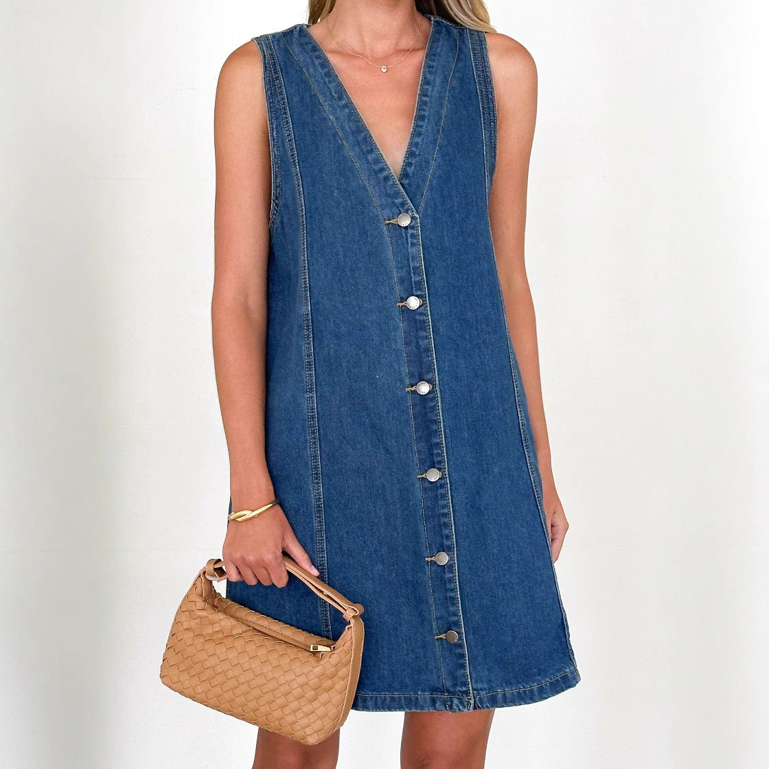 Margo & Main – Dark Blue Sleeveless Denim Shift Dress Full Front View, US women's sizes
