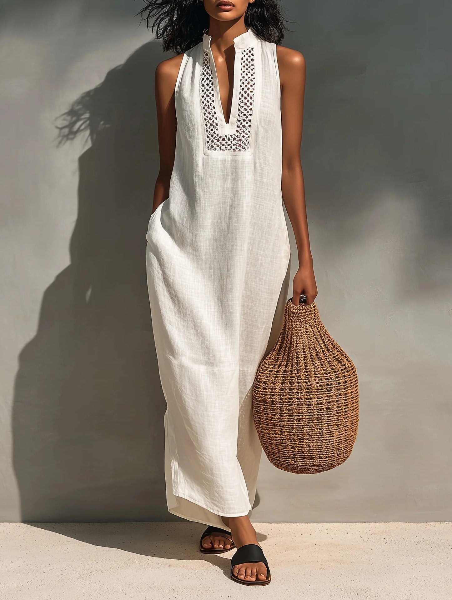Maelle Breathable Crochet Panel Maxi Dress