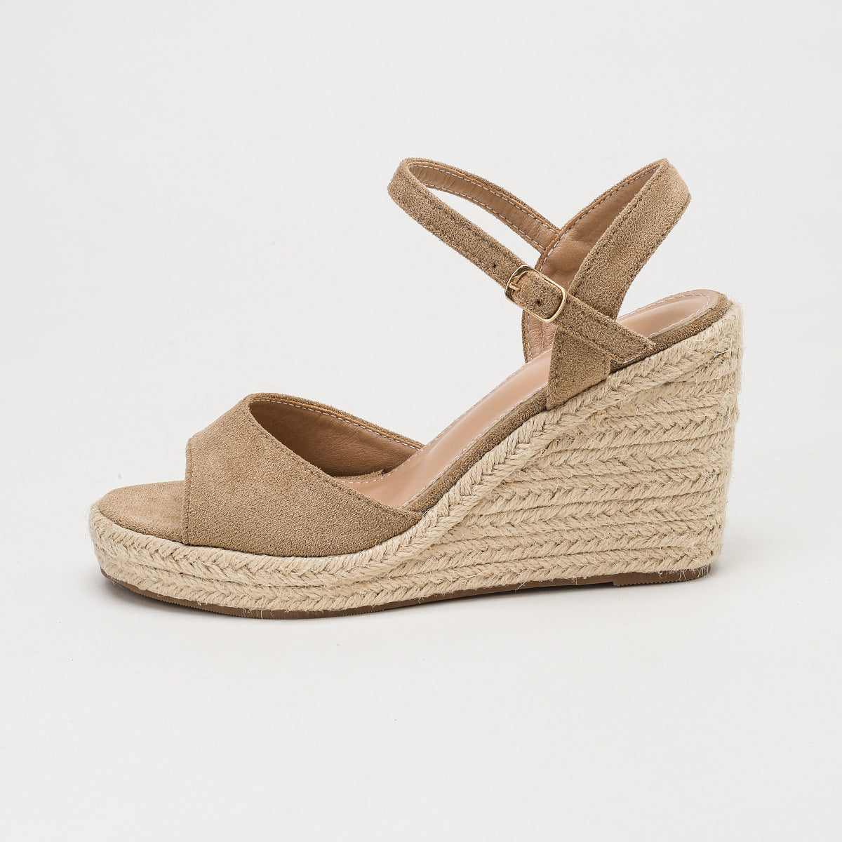 Margo & Main - Tan espadrille wedge sandals, studio side profile view, US women's sizes