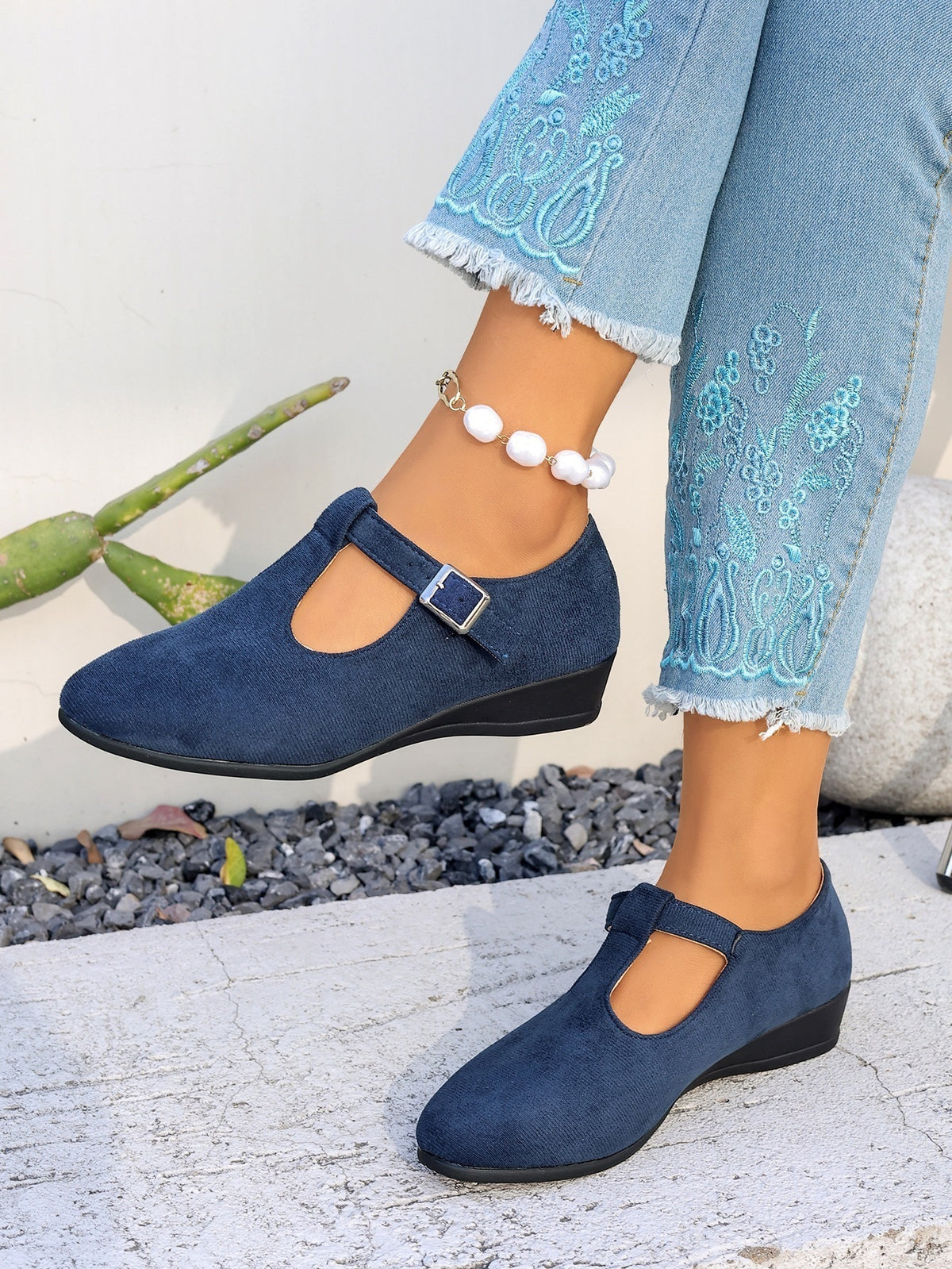 Cosette T-Strap Suede Wedge Mary Janes