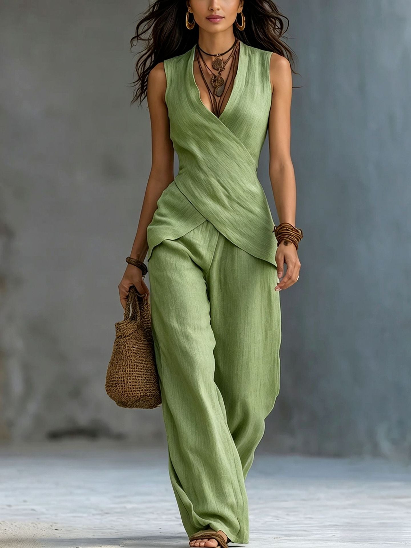 Margo & Main – linen wrap top and wide-leg pant set, back view, US women's sizes