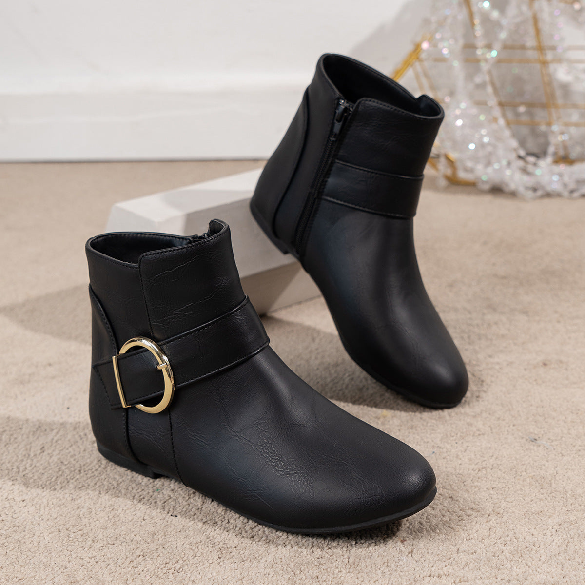 Effie Buckle Strap Side-Zip Flat Ankle Boots