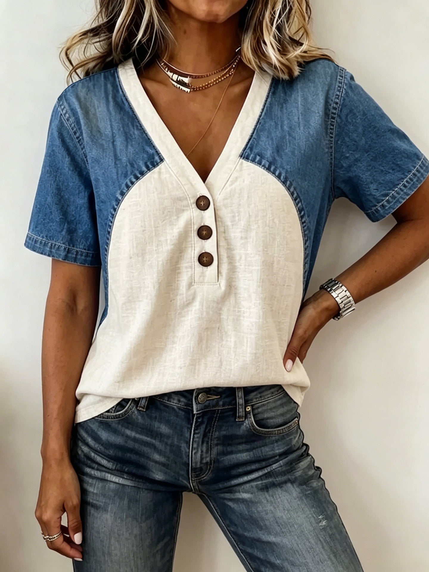 Alexandra Denim Contrast V-Neck Blouse