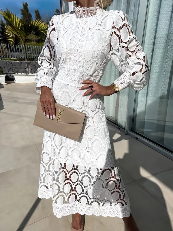 Nanna Crochet Lace Mock Neck Midi Dress