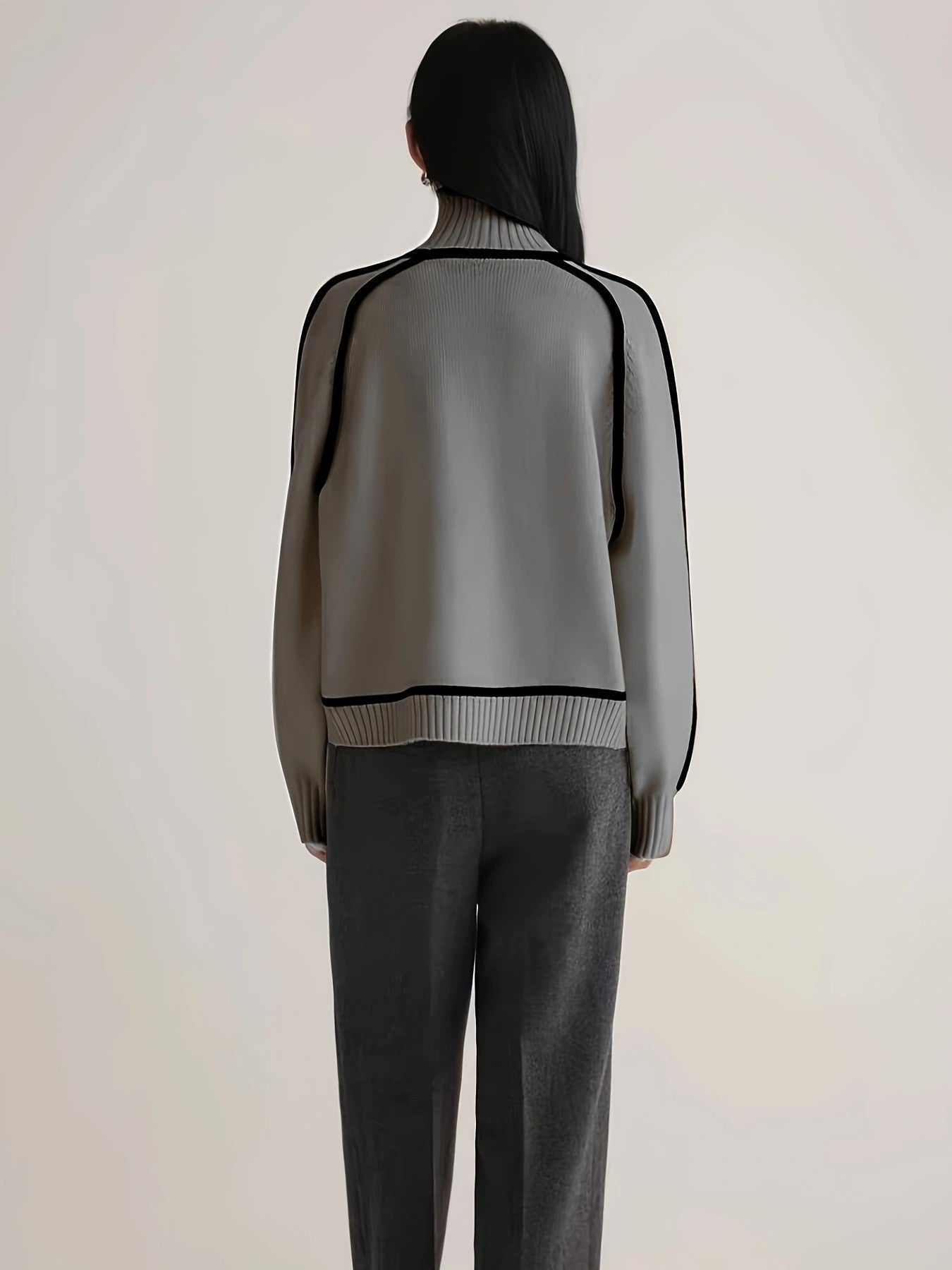 Margo & Main – contrast piping turtleneck sweater, worn view, US women's sizes