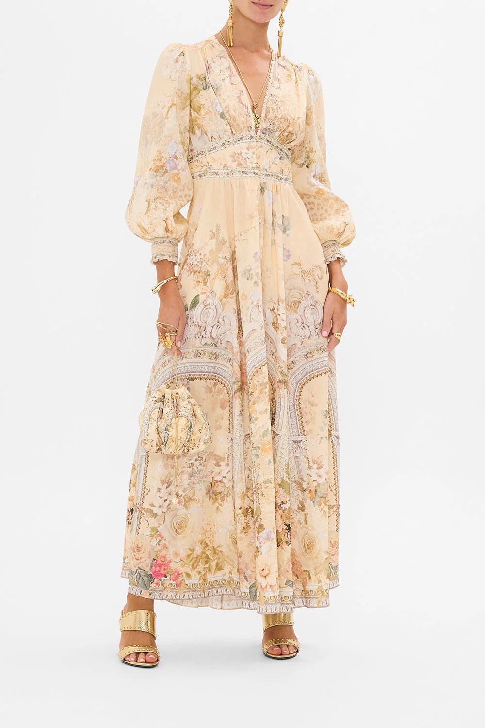 Margo & Main – floral chiffon puff sleeve maxi dress, front view, US women's sizes