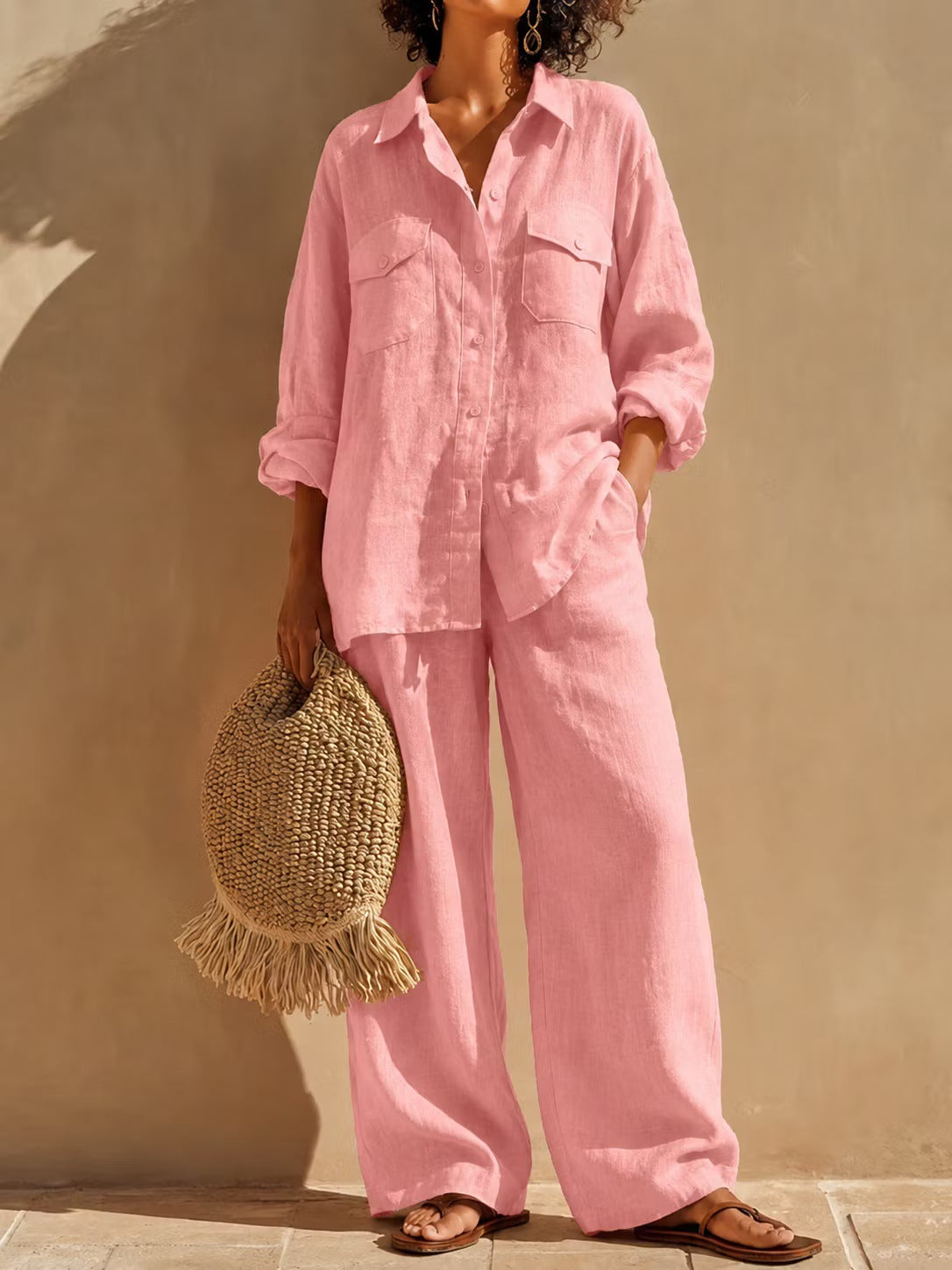 Alize Lightweight Button-Up Wide Leg Pants Set