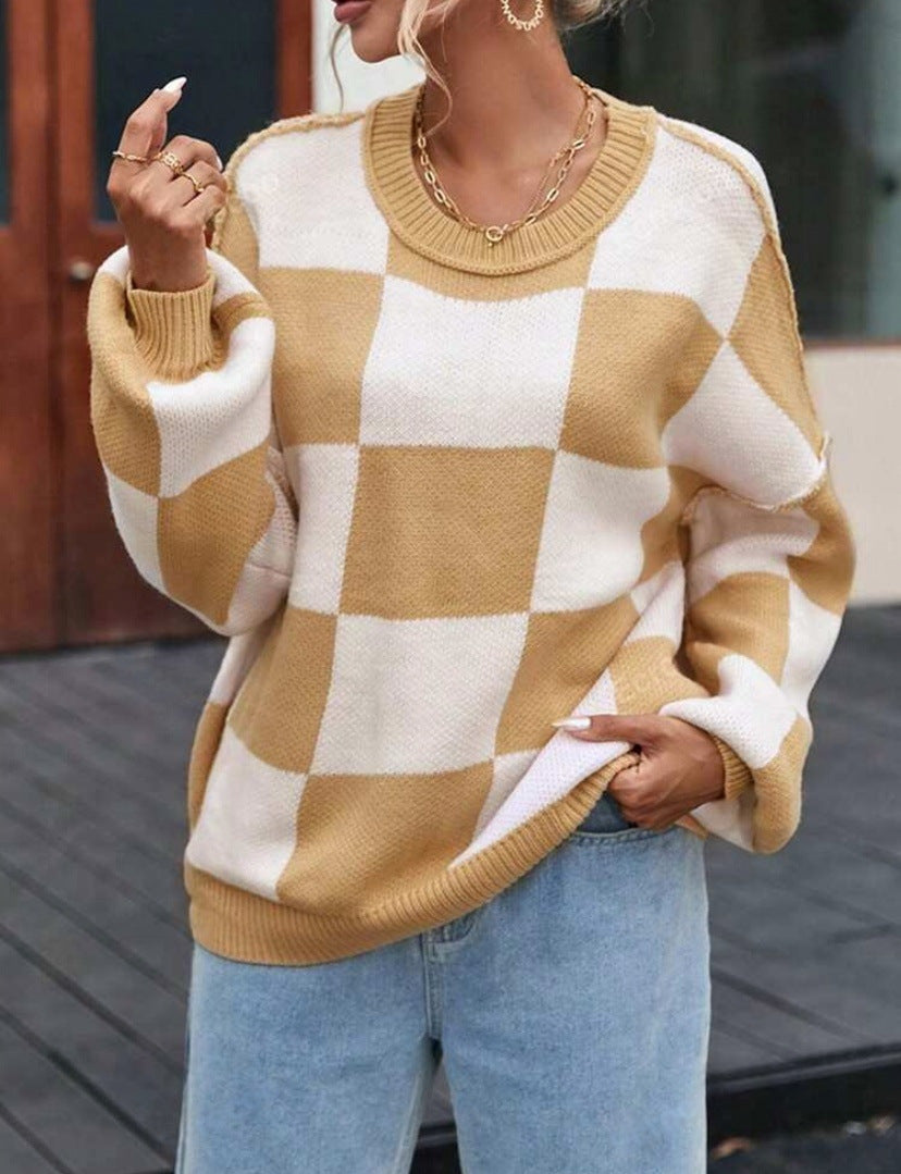 Margo & Main – checkerboard oversized crew sweater, front view, US women's sizes