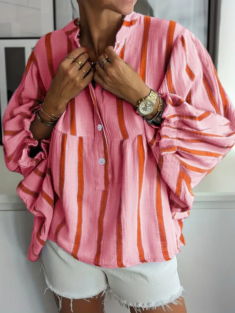 Margo & Main – Pink striped blouse, band collar and button placket, US women's sizes