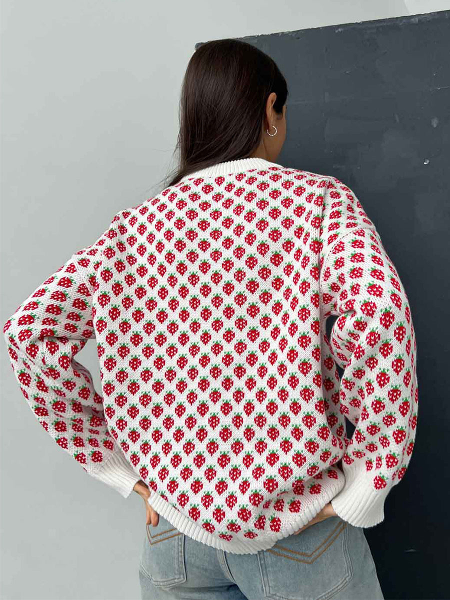 Alodie Strawberry Jacquard Crew Neck Sweater