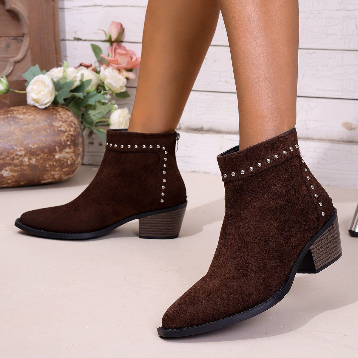 Nikita Studded Pointed-Toe Western Ankle Boots