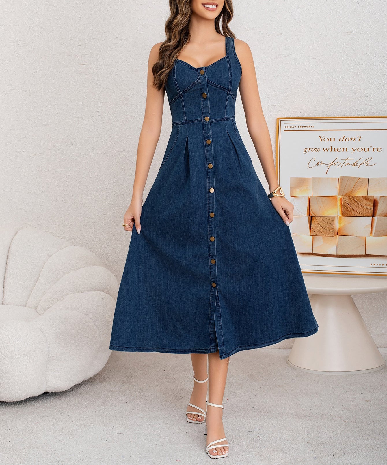 Margo & Main – blue button-front denim midi dress, fabric detail, US women's sizes