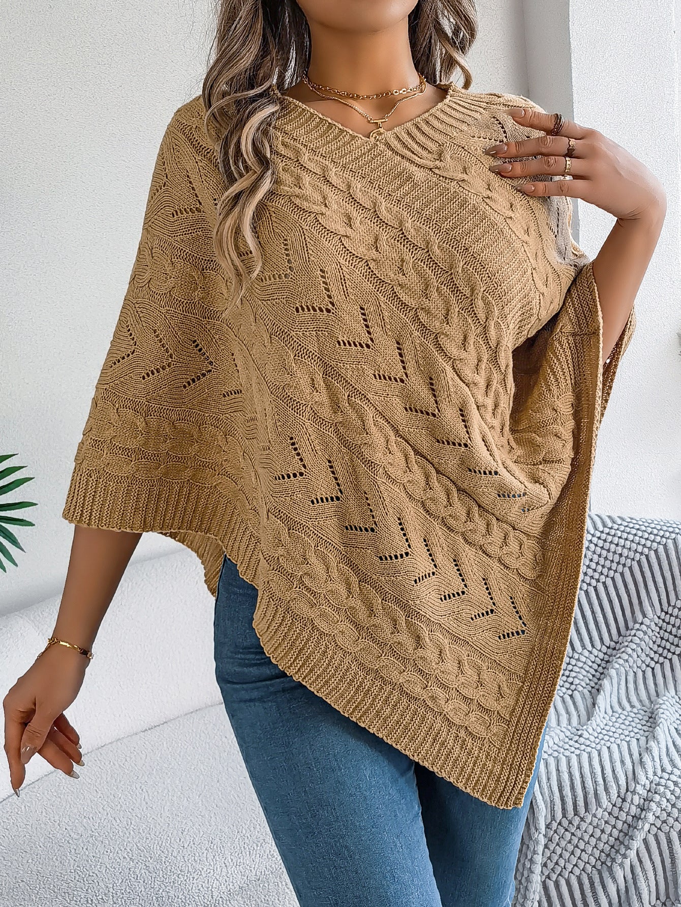 Margo & Main – cable knit v-neck cape poncho, detail view, US women's sizes