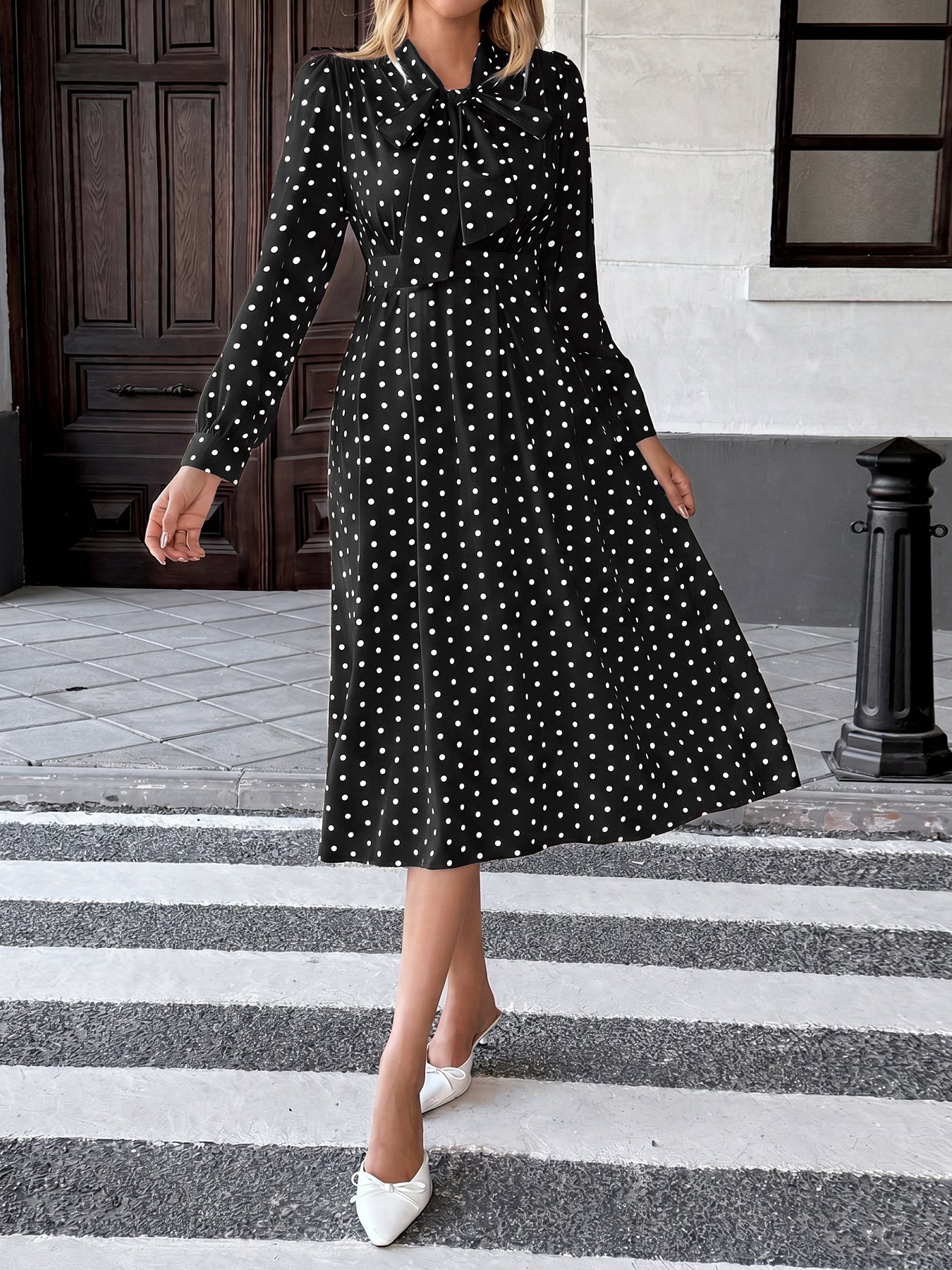 Margo & Main – polka dot tie neck pleated midi dress, angled view, US women's sizes