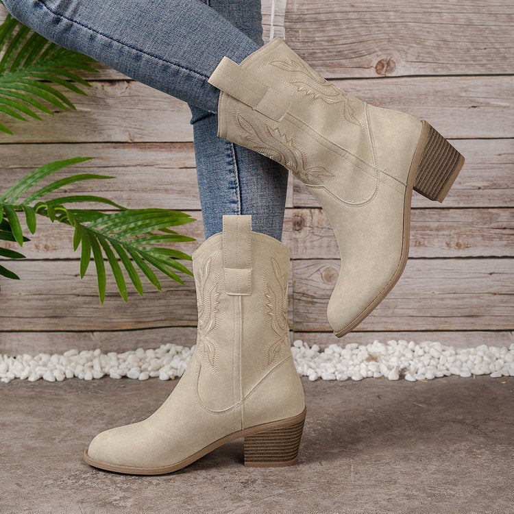 Margo & Main – embroidered mid-calf western boots, worn view, US women's sizes
