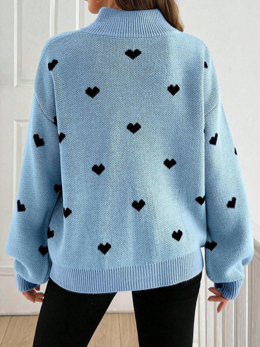 Margo & Main – heart print quarter-zip sweater, detail view, US women's sizes
