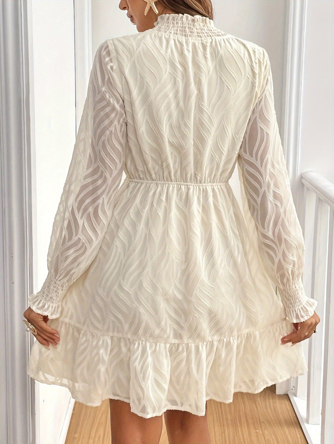 Margo & Main – Cream Textured Chiffon A-Line Dress Back View with Smocked Cuffs, US women's sizes