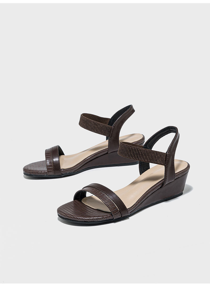 Margo & Main – textured strap low wedge sandals, angled view, US women's sizes