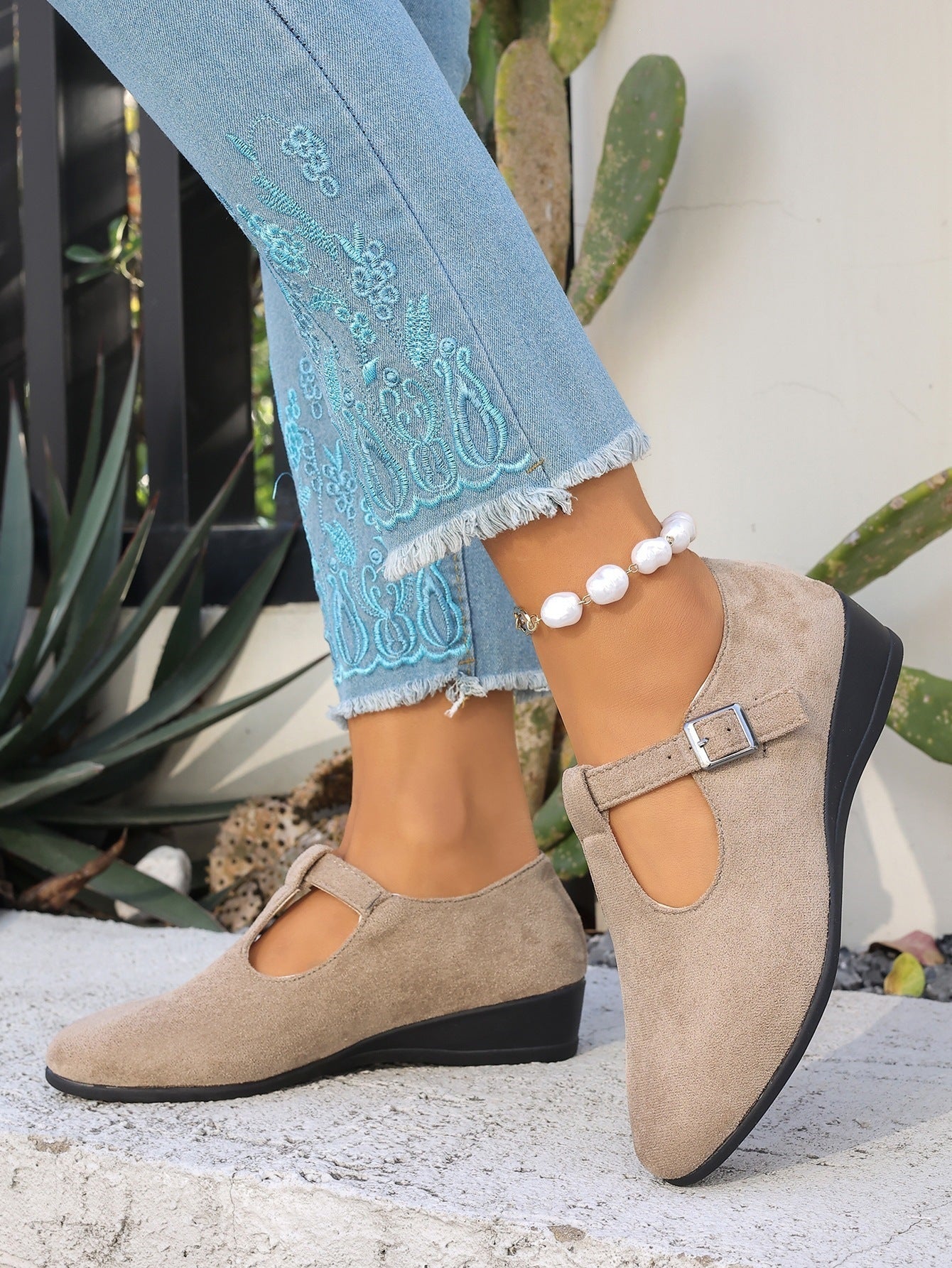 Cosette T-Strap Suede Wedge Mary Janes