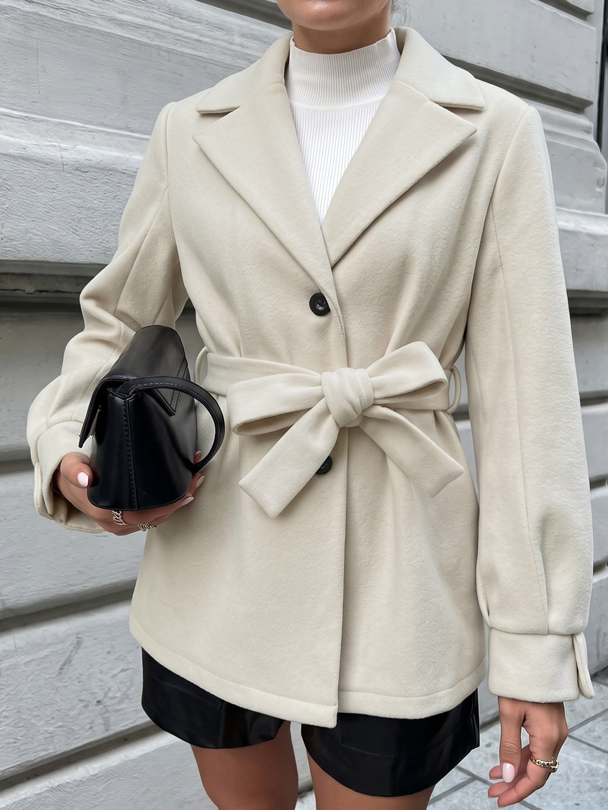 Margo & Main cream wool blend belted short coat — front view with bow belt and handbag, US women's sizes