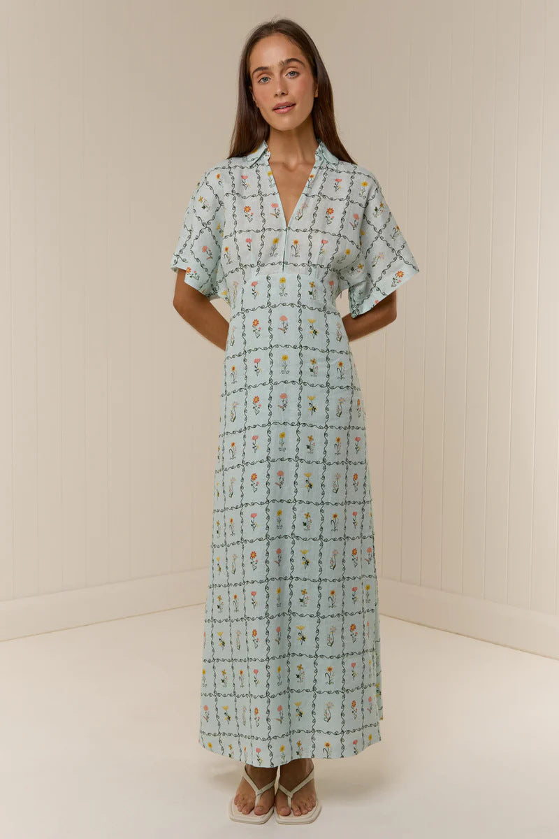Margo & Main – linen floral collared maxi dress, angled view, US women's sizes