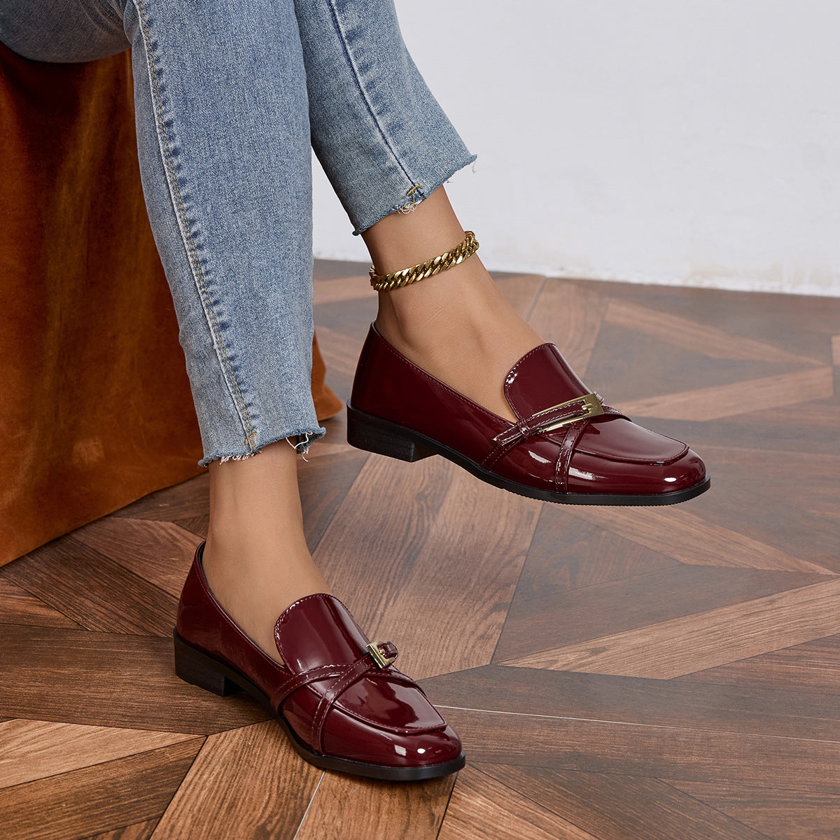 Margo & Main – Burgundy Patent Square Toe Bar Loafers front pair view worn, US women's sizes