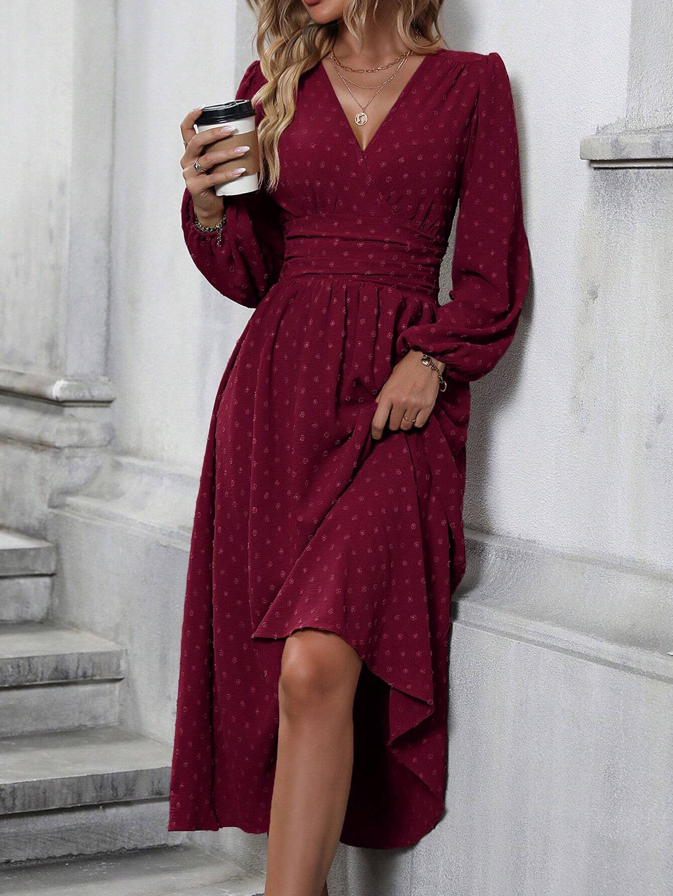 Margo & Main – swiss dot lantern sleeve midi dress, back view, US women's sizes