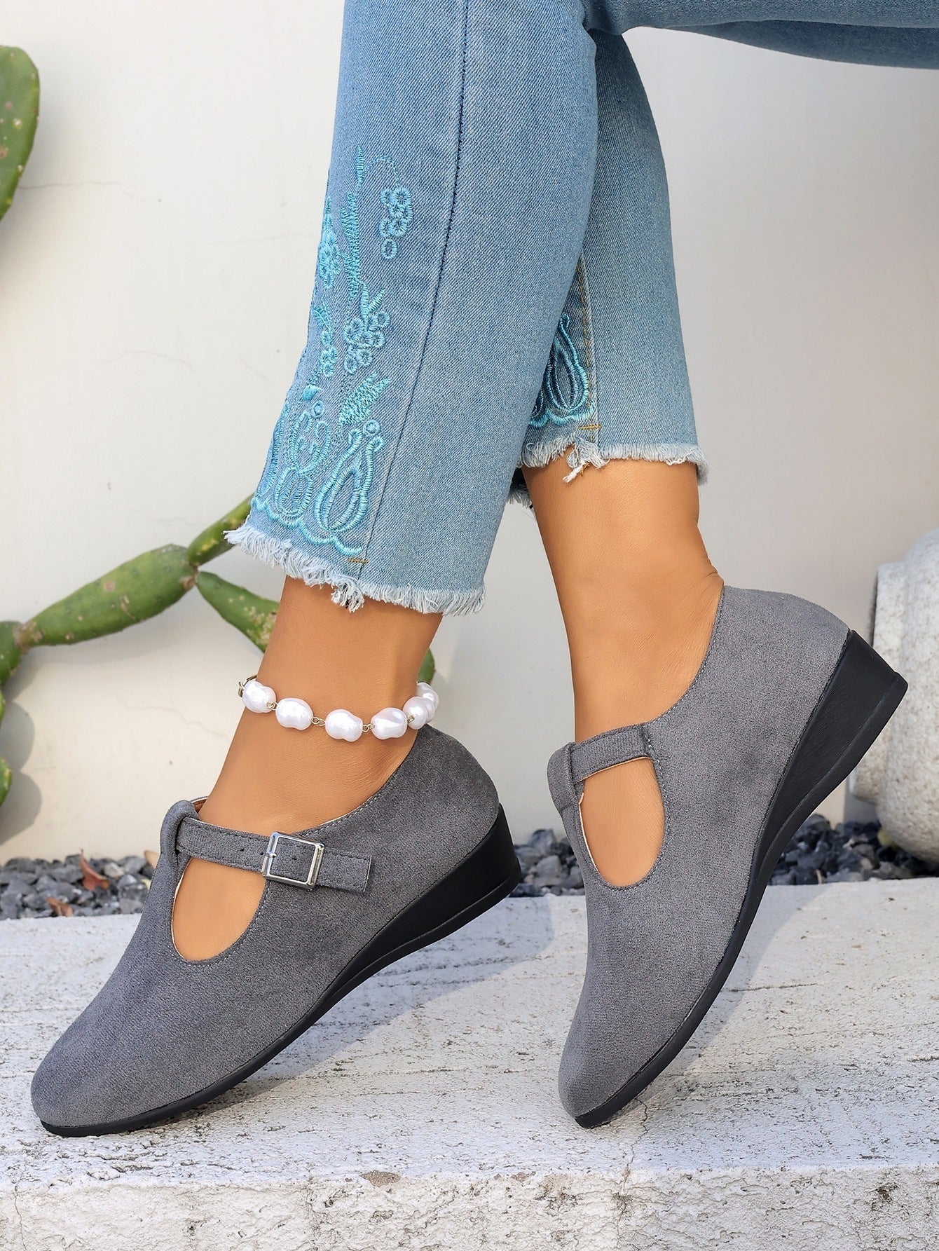 Cosette T-Strap Suede Wedge Mary Janes