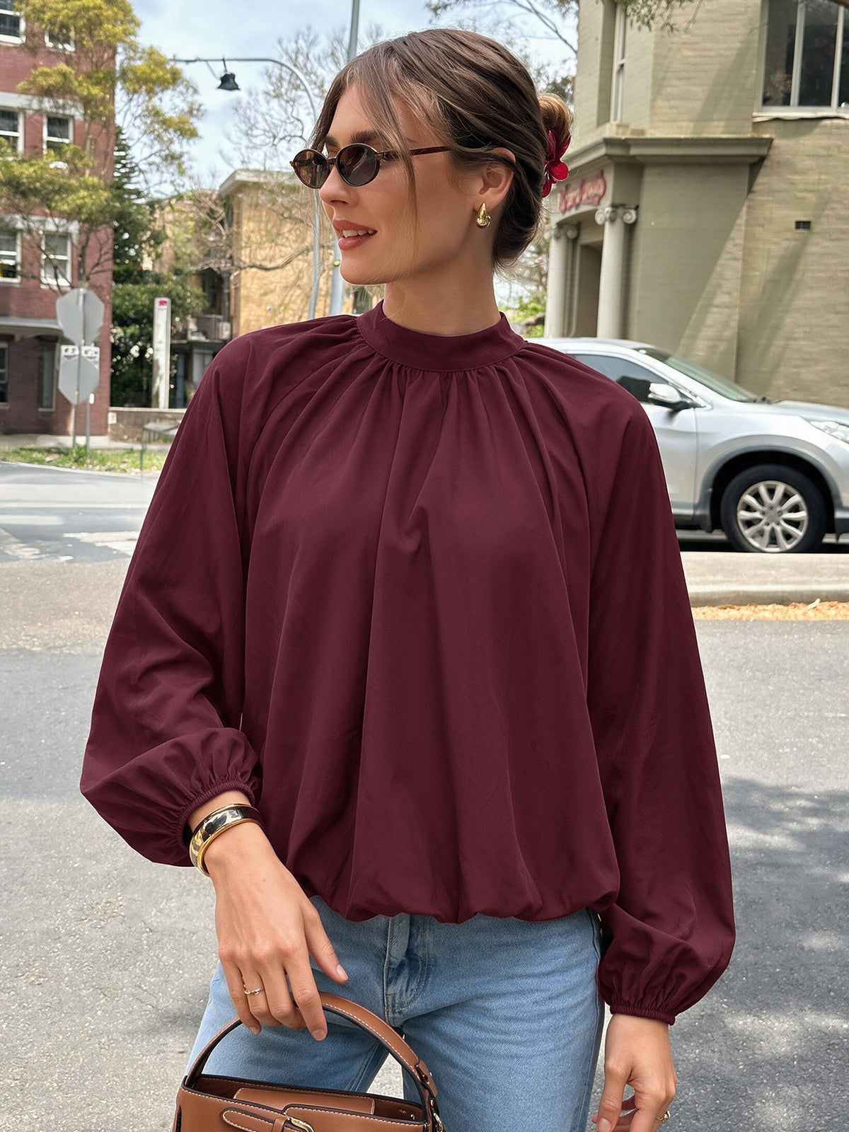 Tirzah Mock Neck Balloon Sleeve Back-Bow Blouse
