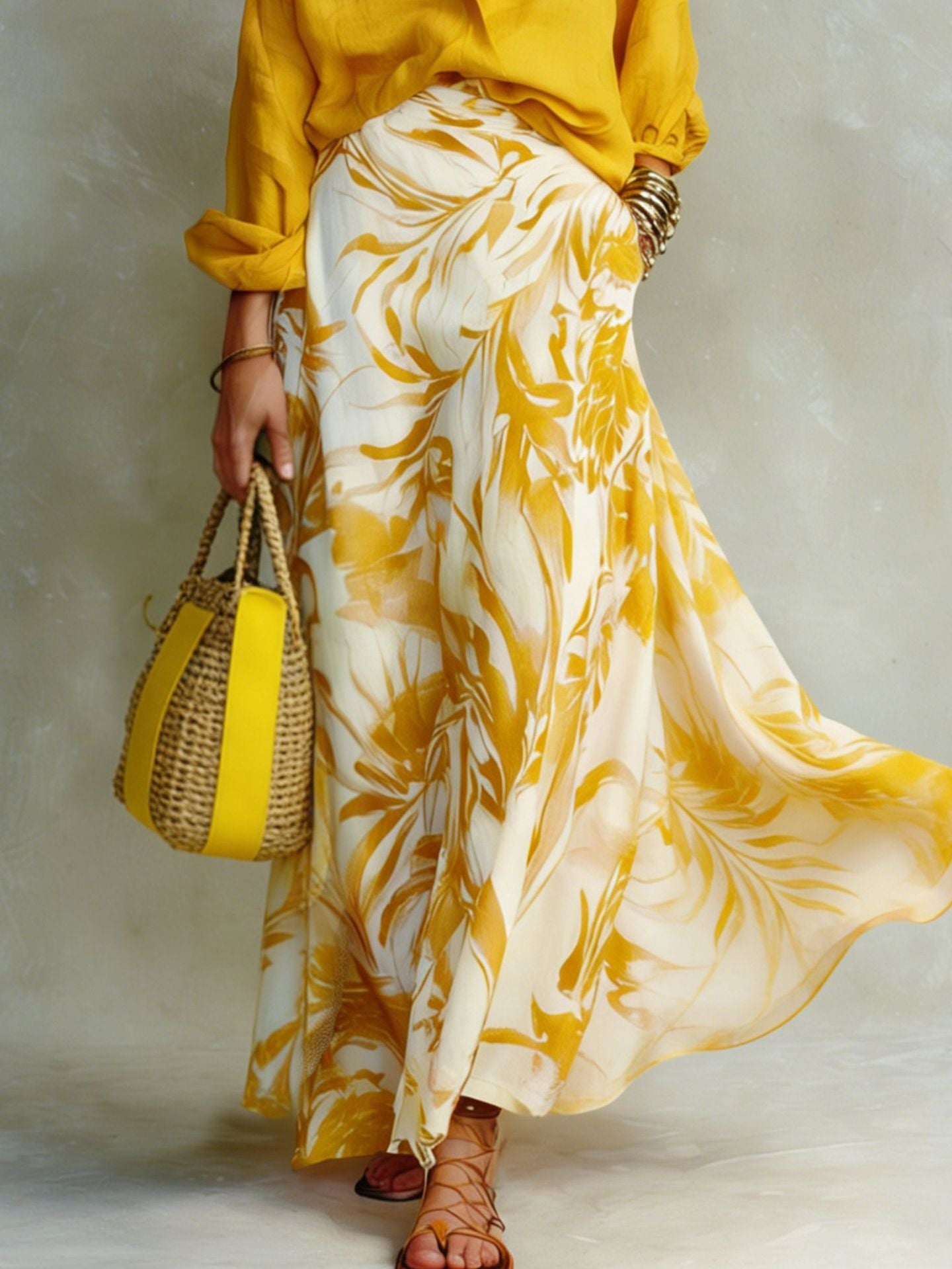 Daria Yellow Shirt & Floral Maxi Skirt Two Piece Set