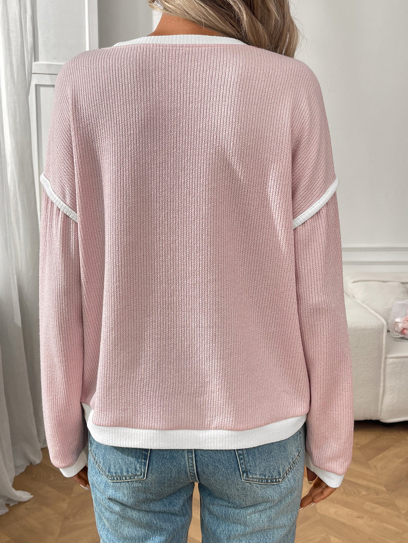 Margo & Main – contrast-trim ribbed knit top, detail view, US women's sizes