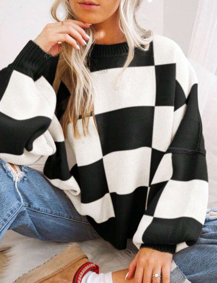 Margo & Main – checkerboard oversized crew sweater, full length view, US women's sizes