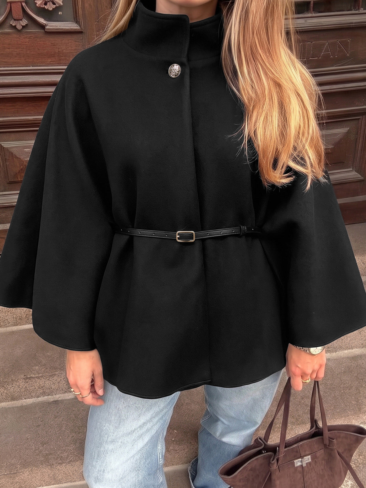 Chloris Wool Belted Stand-Collar Cape Coat