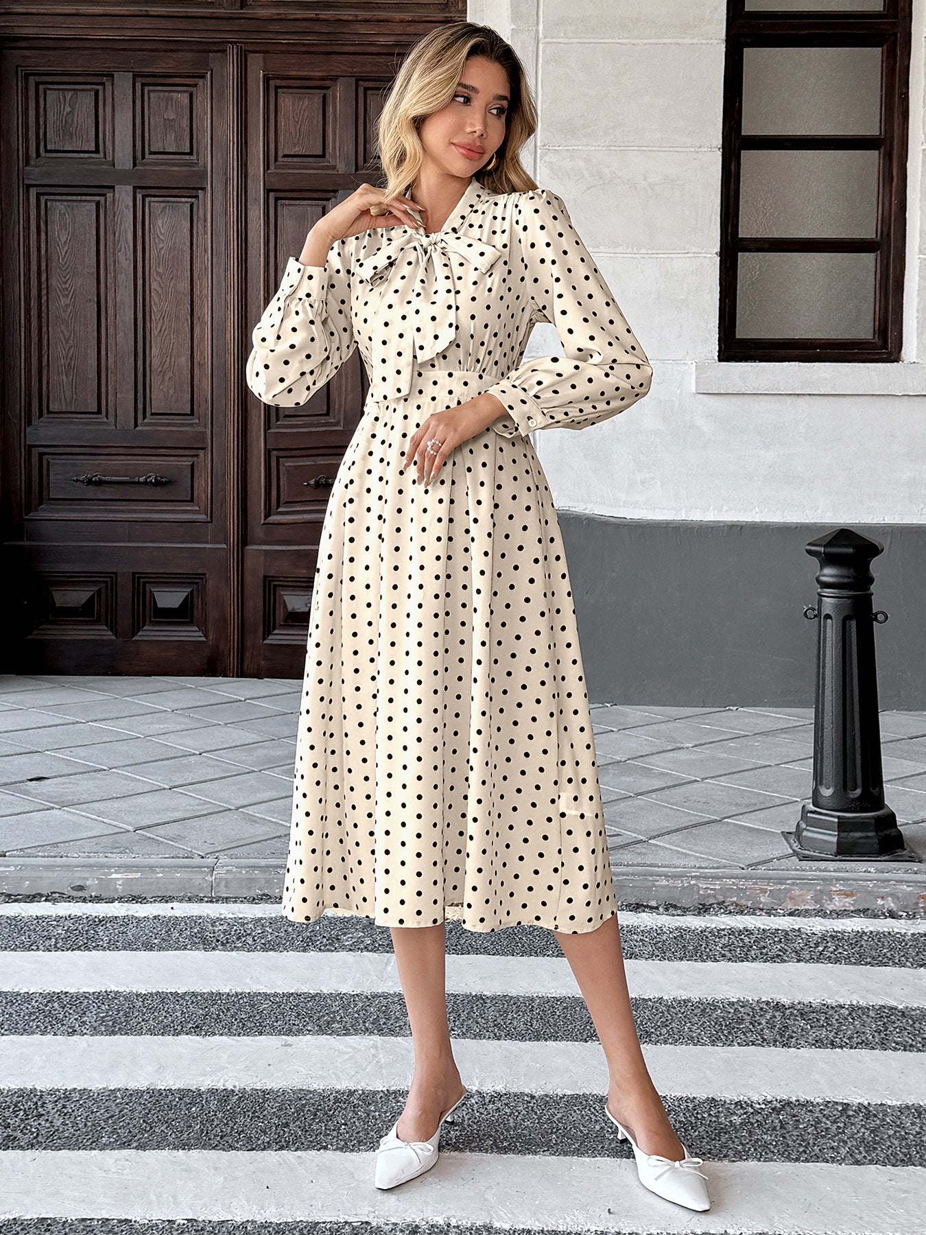 Margo & Main – polka dot tie neck pleated midi dress, detail view, US women's sizes