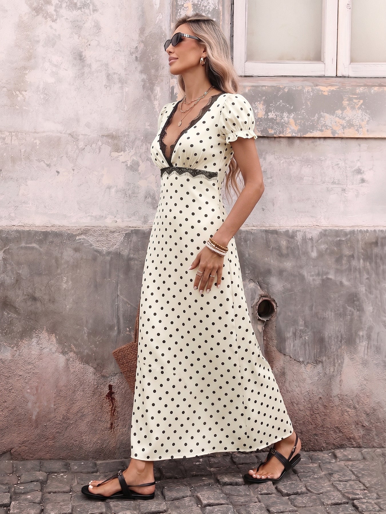 Denise Lace Trim Polka Dot Maxi Dress